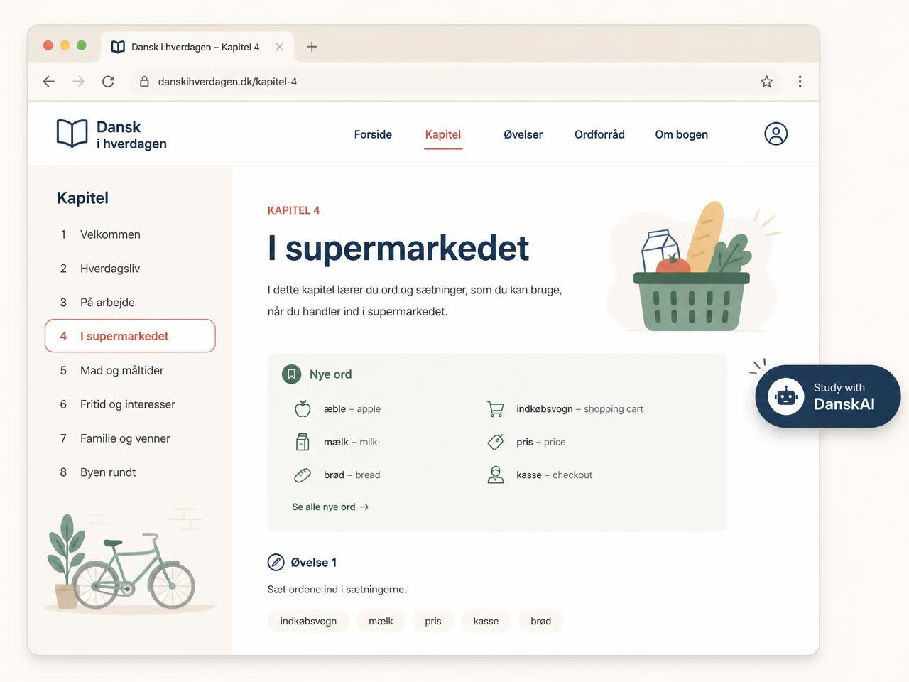 A Danish textbook webpage with the Study with DanskAI button floating on the page