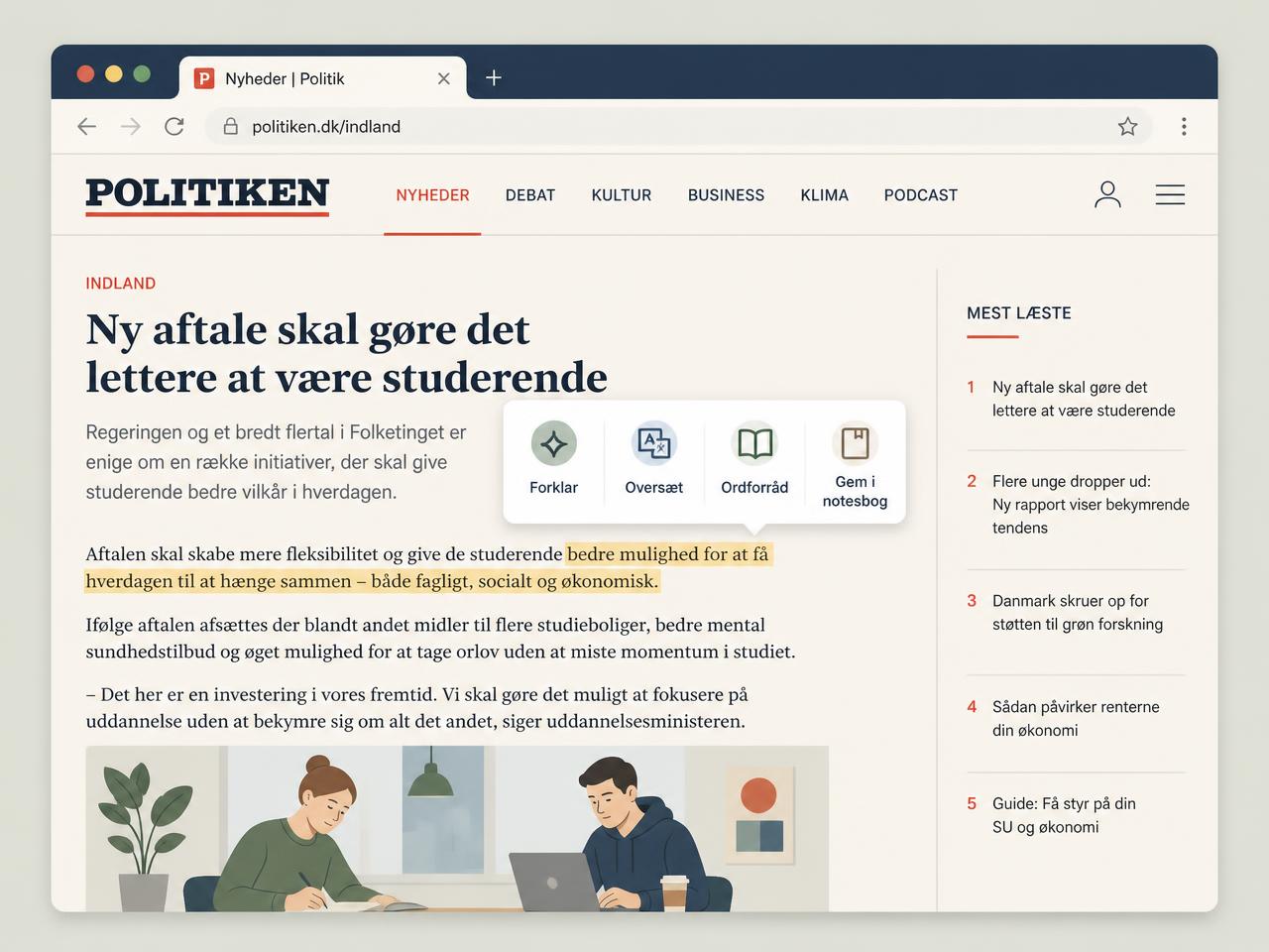 Illustration of a highlighted sentence in a Danish news article with a study menu