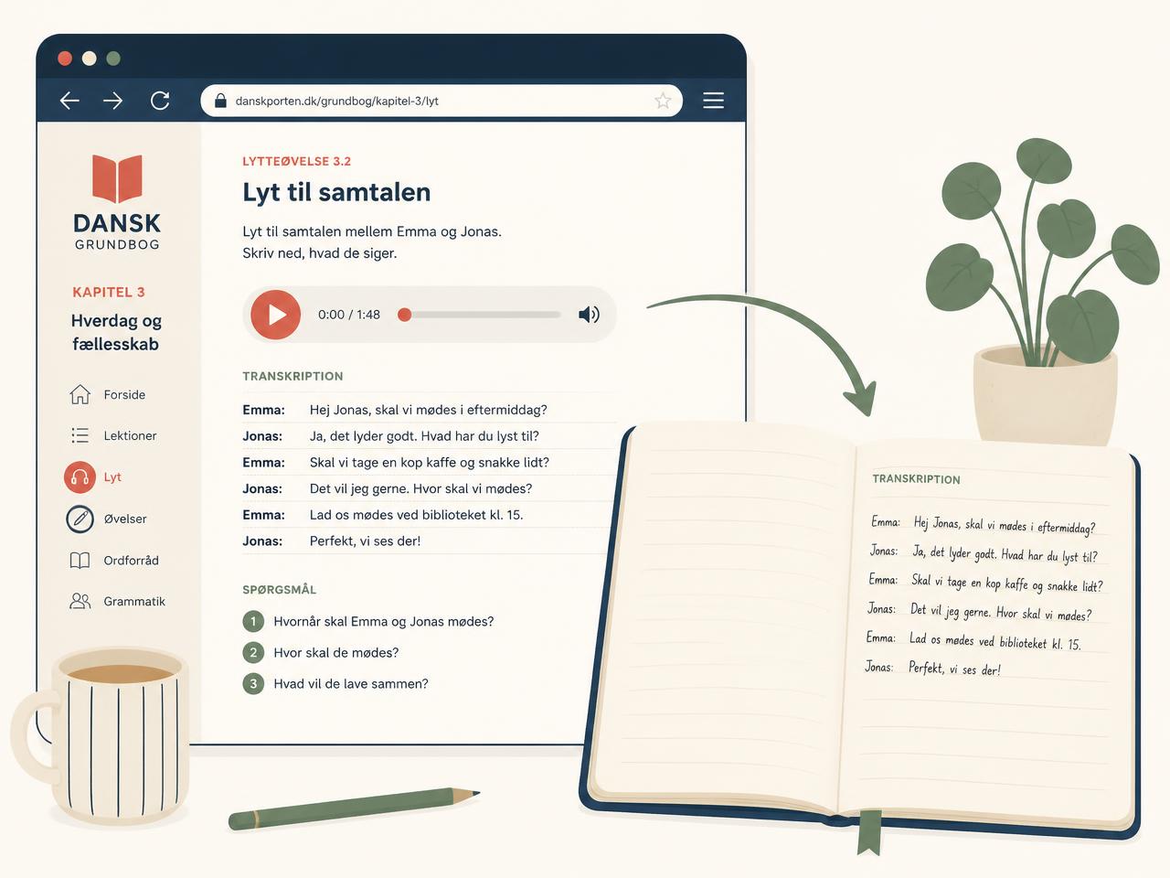 Illustration of an iBog listening exercise flowing into a DanskAI notebook
