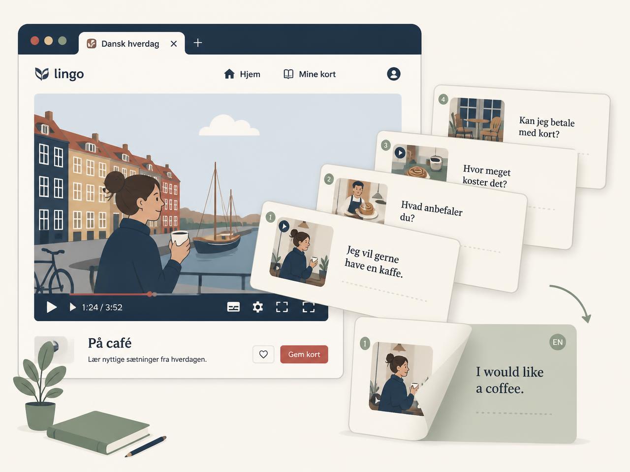 Illustration of a video turning into a fan of bilingual flashcards